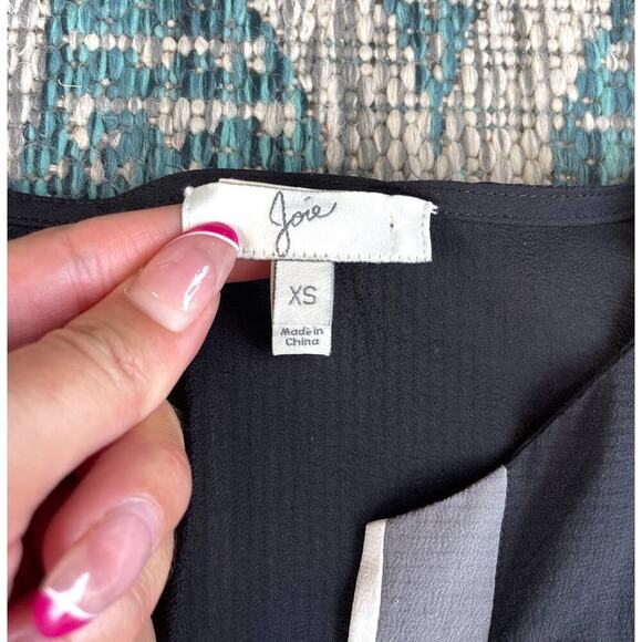 Joie 'Mystic' Black Silk Blouse - Contrast Trim V-Neck Long Sleeve Shirt - Picture 9 of 10